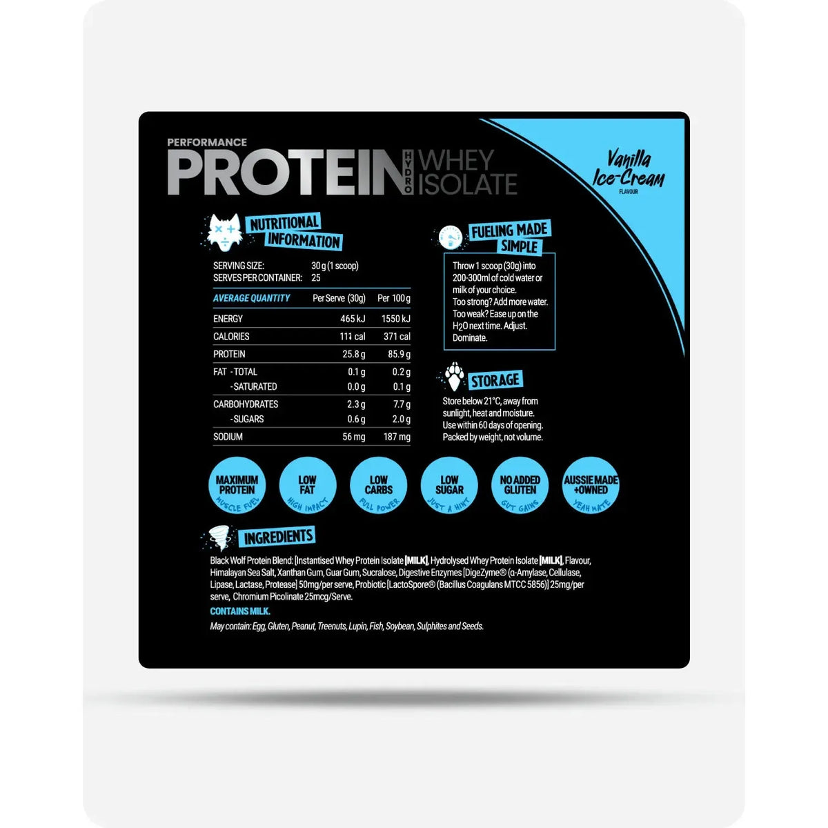 Black wolf whey protein isolate 25 g per serve by Black Wolf