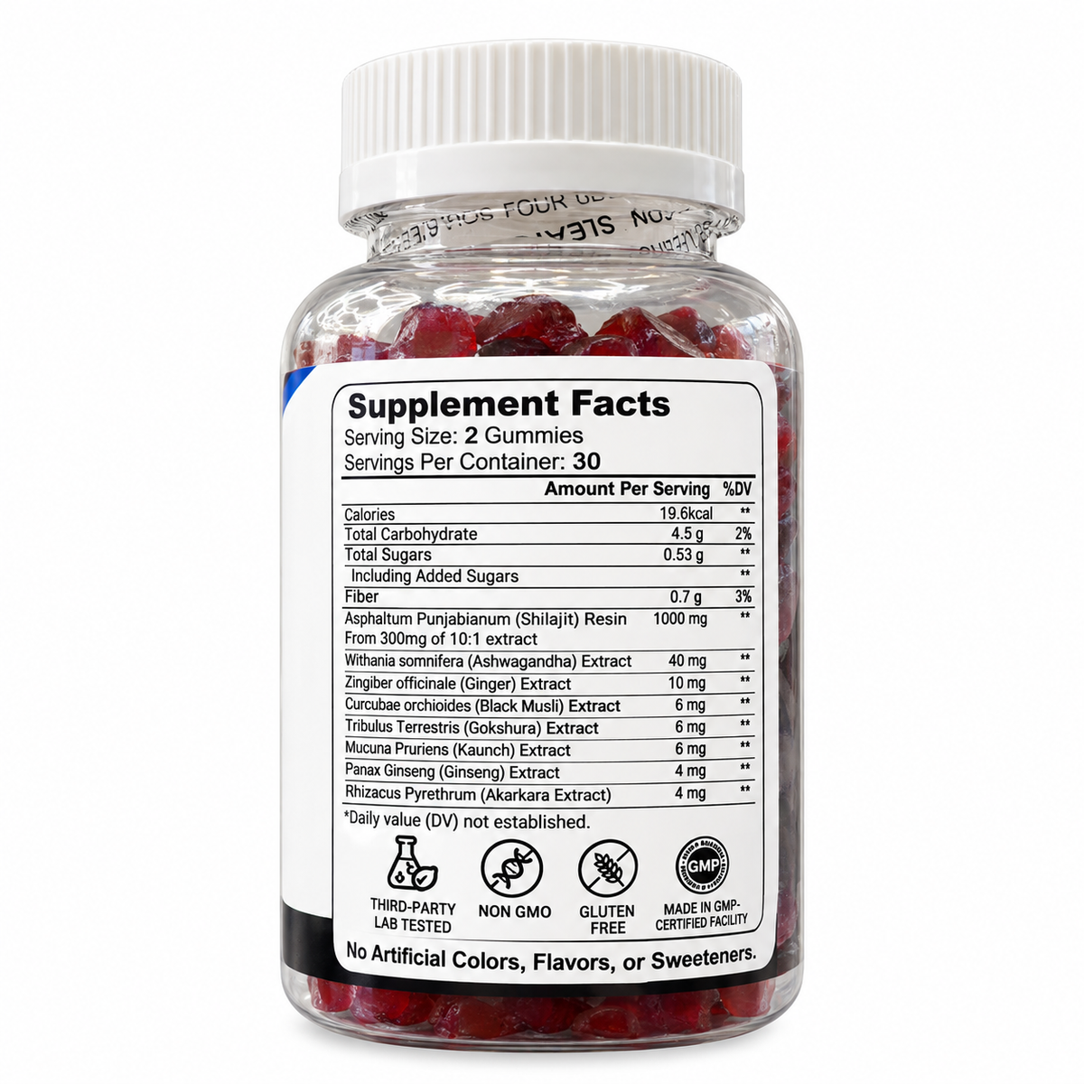 Back of Alpha Performance Shilajit Gummies bottle showing the supplement facts panel and two-gummy serving size