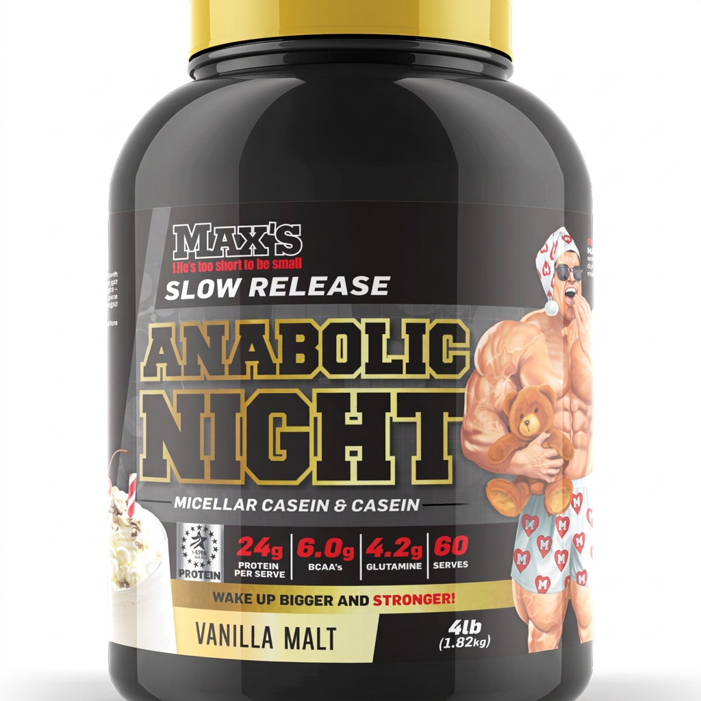 Max's Anabolic Night Vanilla Malt tub on white background